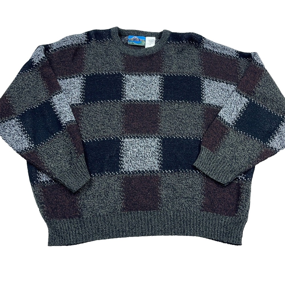 Vintage Grandpa Sweater Men 2X Gray Blue Heavy Knit Geometric Colorblock Acrylic